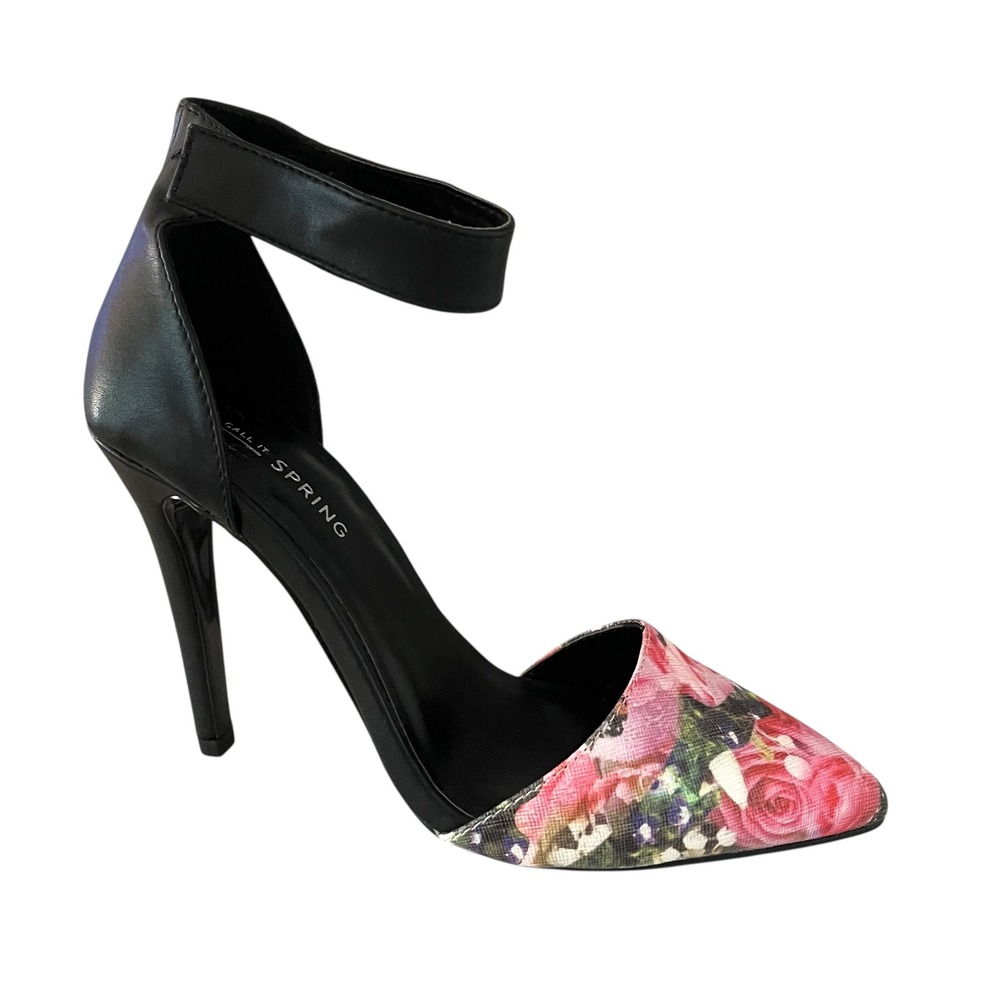 Call It Spring Floral Heels Ankle Strap Pointed Toe‎ Pumps Black Size 7